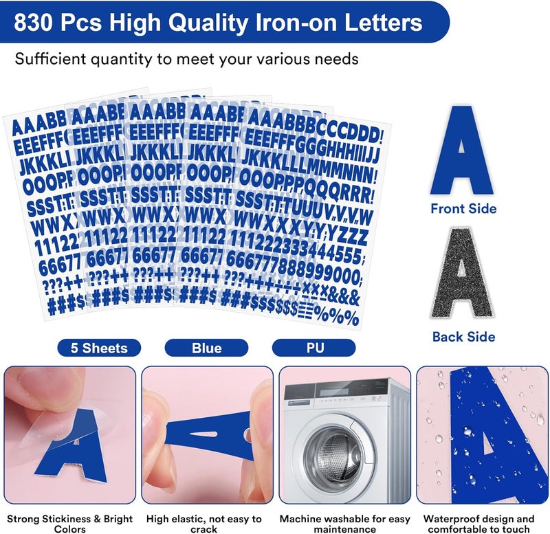 Comkrivy 5 Sheets 830 Pieces Iron on Letters and Numbers for Clothing, 1 Inch Iron on Vinyl Letters with A-Z Heat Transfer Letters 0-9 Iron on Numbers PU Alphabet Stickers for T-Shirt Printing DIY Craft, Blue - Image 3